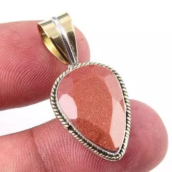 Natural Sunstone Gemstone 925 Solid Sterling Silver Two Tone Pendant 1.25 F0f86