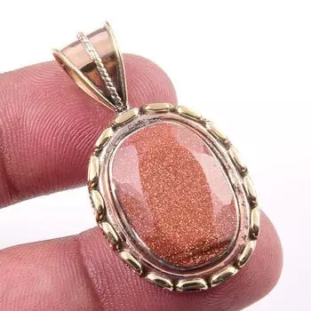 Natural Sunstone Gemstone 925 Solid Sterling Silver Two Tone Pendant 1.50 M2n52