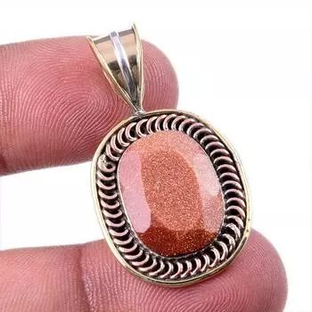 Natural Sunstone Gemstone 925 Solid Sterling Silver Two Tone Pendant 1.50 r9o63