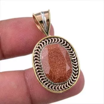 Natural Sunstone Gemstone 925 Solid Sterling Silver Two Tone Pendant 1.50 z8k53