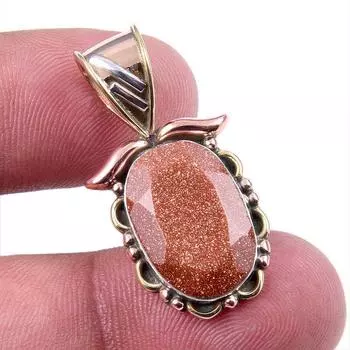 Natural Sunstone Gemstone 925 Solid Sterling Silver Two Tone Pendant 1.25 v5m60