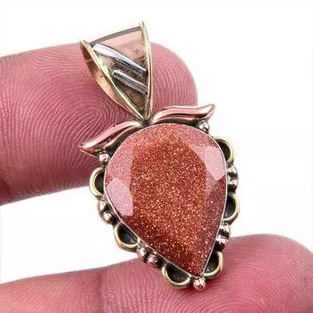 Natural Sunstone Gemstone 925 Solid Sterling Silver Two Tone Pendant 1.25 g3l92