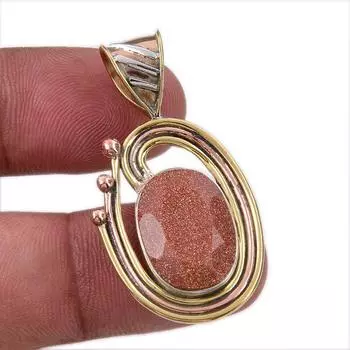 Natural Sunstone Gemstone 925 Solid Sterling Silver Two Tone Pendant 1.50 I8T43