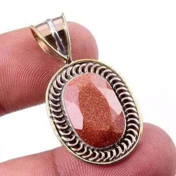 Natural Sunstone Gemstone 925 Solid Sterling Silver Two Tone Pendant 1.50 O1f07