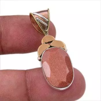 Natural Sunstone Gemstone 925 Solid Sterling Silver Two Tone Pendant 1.50 K9L04