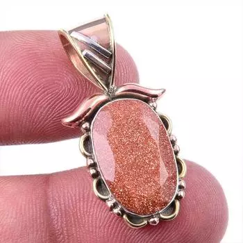 Natural Sunstone Gemstone 925 Solid Sterling Silver Two Tone Pendant 1.25 U2K36