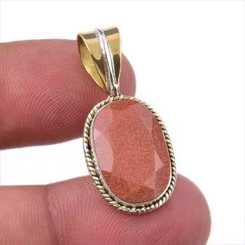 Natural Sunstone Gemstone 925 Solid Sterling Silver Two Tone Pendant 1.25 y8z29