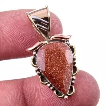 Natural Sunstone Gemstone 925 Solid Sterling Silver Two Tone Pendant 1.25 l5V56