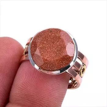 Natural Sunstone Gemstone 925 Solid Sterling Silver Gift Two Tone Ring S.9 p0p08