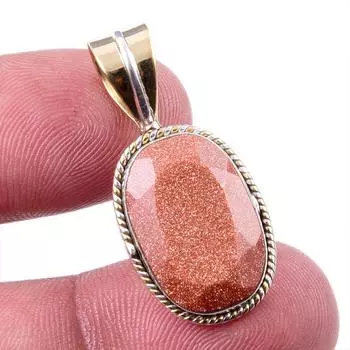 Natural Sunstone Gemstone 925 Solid Sterling Silver Two Tone Pendant 1.25 M2E87