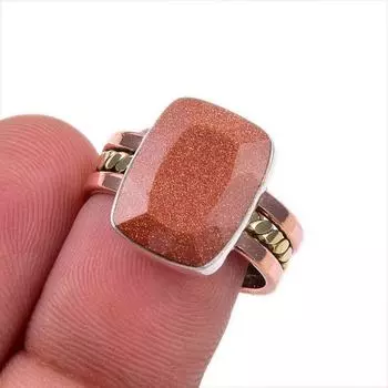 Natural Sunstone Gemstone 925 Solid Sterling Silver Gift Two Tone Ring S.7 U2D93