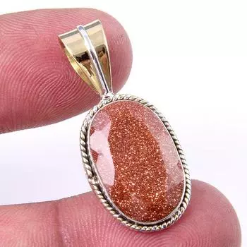 Natural Sunstone Gemstone 925 Solid Sterling Silver Two Tone Pendant 1.25 M6e91