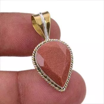 Natural Sunstone Gemstone 925 Solid Sterling Silver Two Tone Pendant 1.25 W6u54