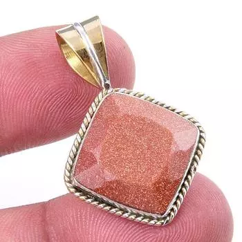 Natural Sunstone Gemstone 925 Solid Sterling Silver Two Tone Pendant 1.25 J2d40