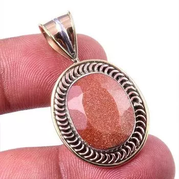 Natural Sunstone Gemstone 925 Solid Sterling Silver Two Tone Pendant 1.50 n2C98