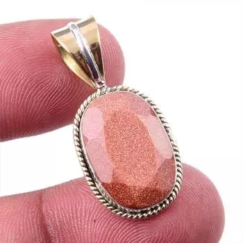 Natural Sunstone Gemstone 925 Solid Sterling Silver Two Tone Pendant 1.25 t8h70