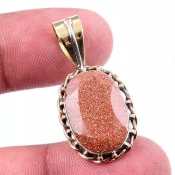 Natural Sunstone Gemstone 925 Solid Sterling Silver Two Tone Pendant 1.25 r6L93