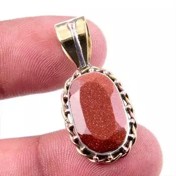 Natural Sunstone Gemstone 925 Solid Sterling Silver Two Tone Pendant 1.25 r3Z90