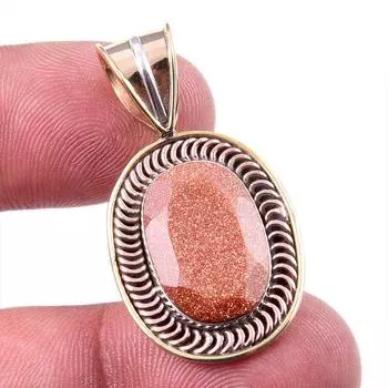 Natural Sunstone Gemstone 925 Solid Sterling Silver Two Tone Pendant 1.50 N0Z95