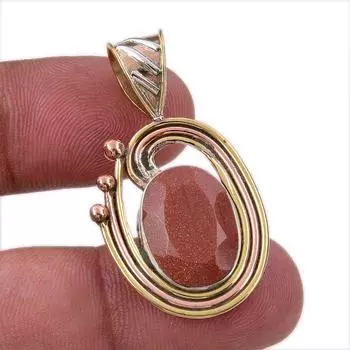 Natural Sunstone Gemstone 925 Solid Sterling Silver Two Tone Pendant 1.50 i8H49
