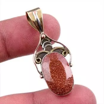 Natural Sunstone Gemstone 925 Solid Sterling Silver Two Tone Pendant 1.75 W6n05