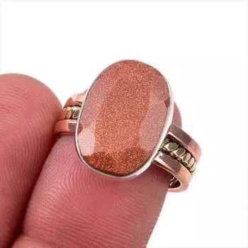 Natural Sunstone Gemstone 925 Solid Sterling Silver Gift Two Tone Ring S.7 k3p34