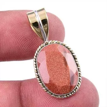 Natural Sunstone Gemstone 925 Solid Sterling Silver Two Tone Pendant 1.25 q7b87