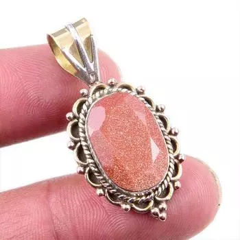 Natural Sunstone Gemstone 925 Solid Sterling Silver Two Tone Pendant 1.5 O2t36