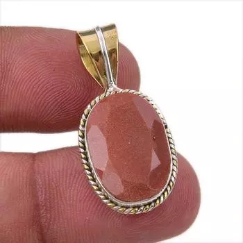 Natural Sunstone Gemstone 925 Solid Sterling Silver Two Tone Pendant 1.50 s4v32
