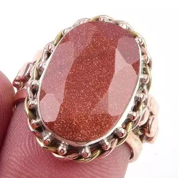 Natural Sunstone Gemstone Handmade 925 Sterling Silver Two Tone Ring Size 7 V9B29