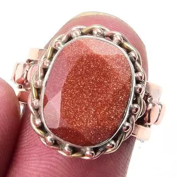 Natural Sunstone Gemstone Handmade 925 Sterling Silver Two Tone Ring Size 7 p3I10