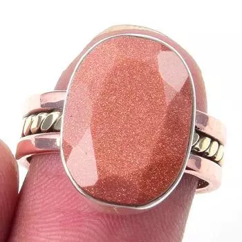 Natural Sunstone Gemstone Handmade 925 Sterling Silver Two Tone Ring Size 7 Y6z89