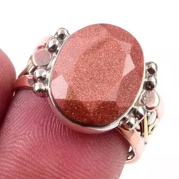 Natural Sunstone Gemstone Handmade 925 Sterling Silver Two Tone Ring S.7.5 i5Q91