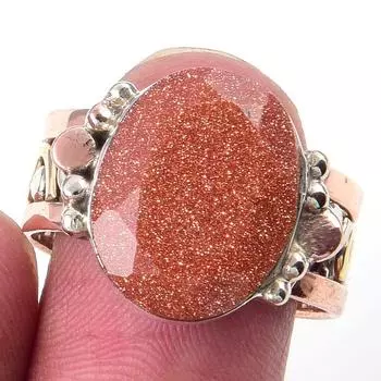 Natural Sunstone Gemstone Handmade 925 Sterling Silver Two Tone Ring Size 9 V0J76