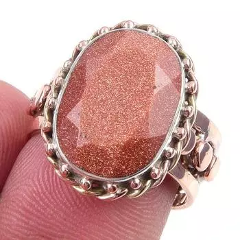 Natural Sunstone Gemstone Handmade 925 Sterling Silver Two Tone Ring Size 7 T7p21