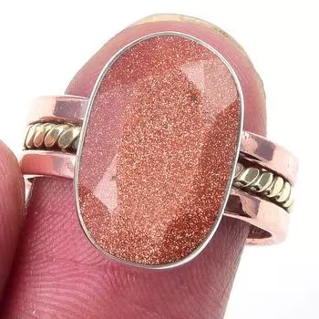 Natural Sunstone Gemstone Handmade 925 Sterling Silver Two Tone Ring Size 8 r1P93