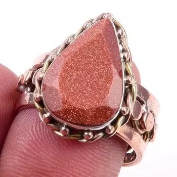 Natural Sunstone Gemstone Handmade 925 Sterling Silver Two Tone Ring Size 8 U6I29