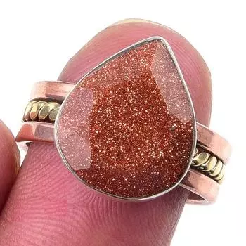 Natural Sunstone Gemstone Handmade 925 Sterling Silver Two Tone Ring S.7.5 K3I78