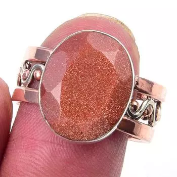 Natural Sunstone Gemstone Handmade 925 Sterling Silver Two Tone Ring Size 9 p4W08