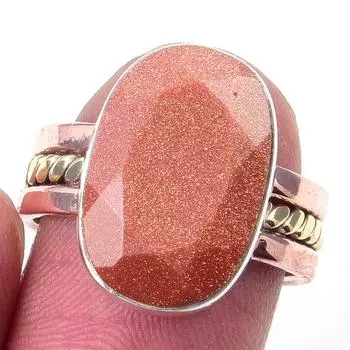 Natural Sunstone Gemstone Handmade 925 Sterling Silver Two Tone Ring S.6.5 m0b76