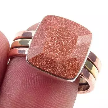 Natural Sunstone Gemstone Handmade 925 Sterling Silver Two Tone Ring Size 9 Q6J34