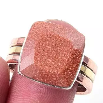Natural Sunstone Gemstone Handmade 925 Sterling Silver Two Tone Ring S.10 A1F96