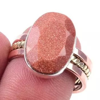 Natural Sunstone Gemstone Handmade 925 Sterling Silver Two Tone Ring S.7.5 n7m44