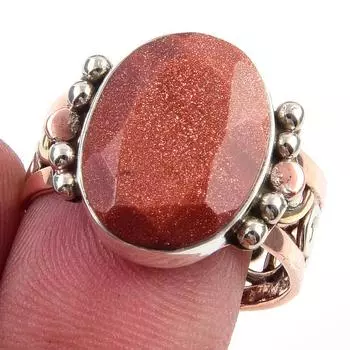 Natural Sunstone Gemstone Handmade 925 Sterling Silver Two Tone Ring Size 9 C7V78