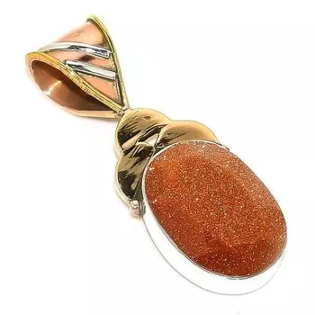 Natural Sunstone Gemstone Two Tone 925 Solid Sterling Silver Pendant 1.50 V4K20