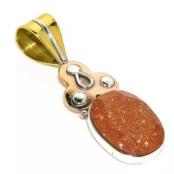 Natural Sunstone Gemstone Two Tone 925 Solid Sterling Silver Pendant 1.75 s7T57