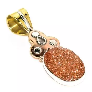 Natural Sunstone Gemstone Two Tone 925 Solid Sterling Silver Pendant 1.75 i5q38