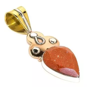 Natural Sunstone Gemstone Two Tone 925 Solid Sterling Silver Pendant 1.75 D4k57