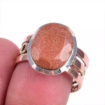 Natural Sunstone Gemstone Two Tone 925 Sterling Silver Jewelry Ring Size 8 s0L83