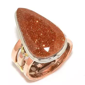 Natural Sunstone Gemstone Two Tone 925 Sterling Silver Jewelry Ring S.6.5 H1K08
